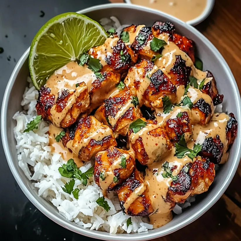 Eine Schüssel mit Hähnchen, süßer Chilisauce und Kokos-Limetten-Drizzle.