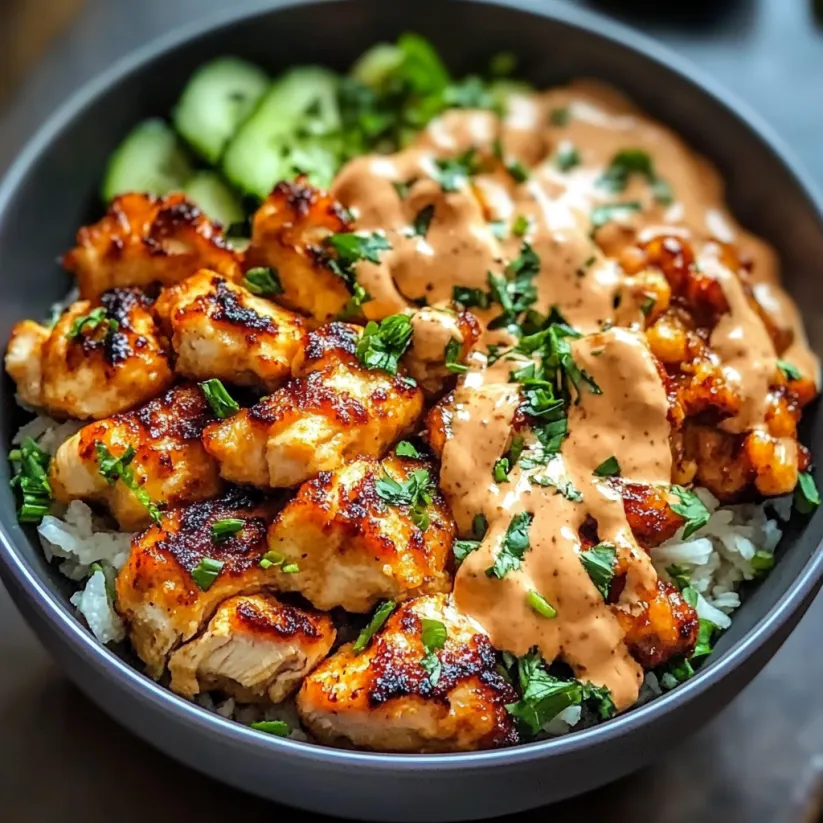 Eine Schüssel mit Bang Bang Chicken, Reis und Sauce.