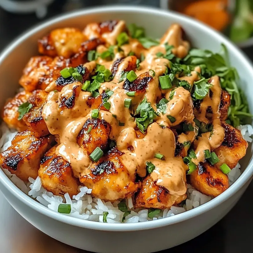 Eine Schüssel mit Bang Bang Chicken, Reis und Sauce.