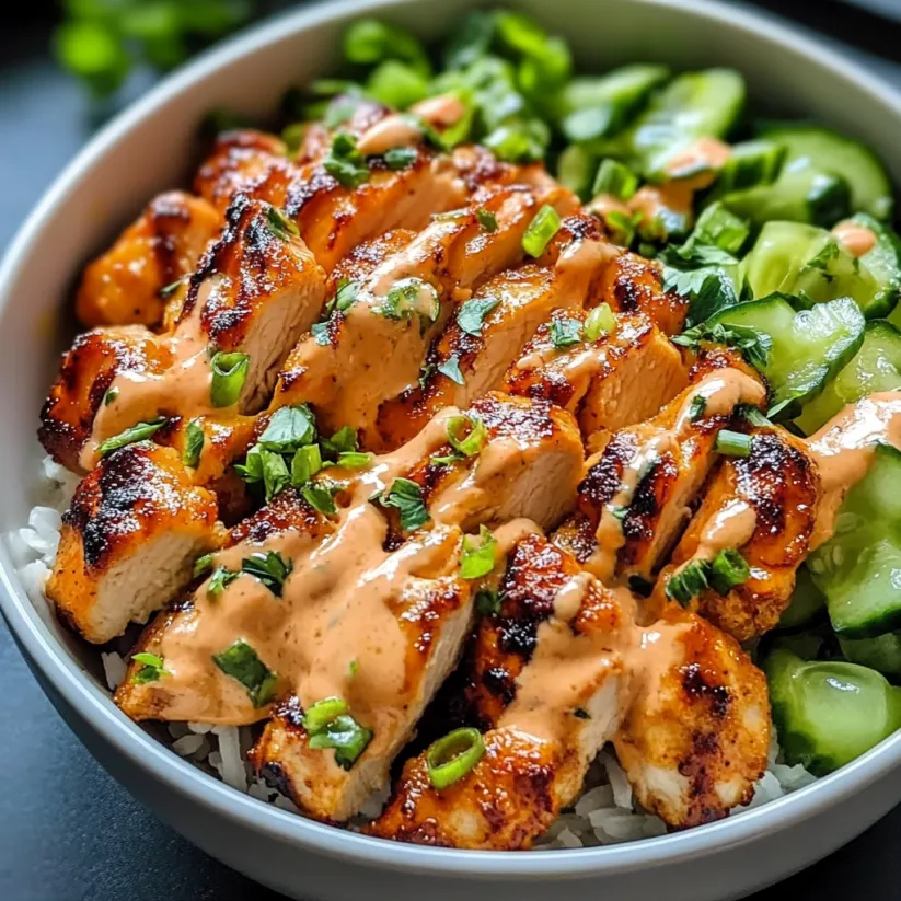 Eine Schüssel Bang Bang Chicken mit Reis und Gemüse.