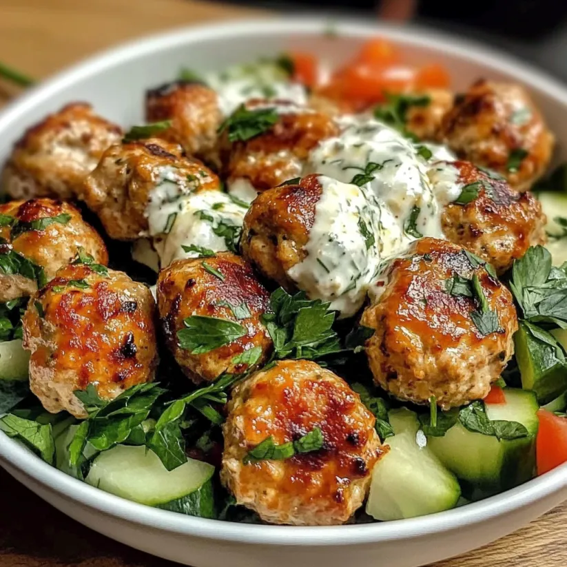 Eine Schale mit Hackbällchen und cremiger Sauce.