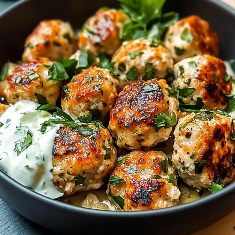 Eine Schale mit Hackbällchen und cremiger Sauce.