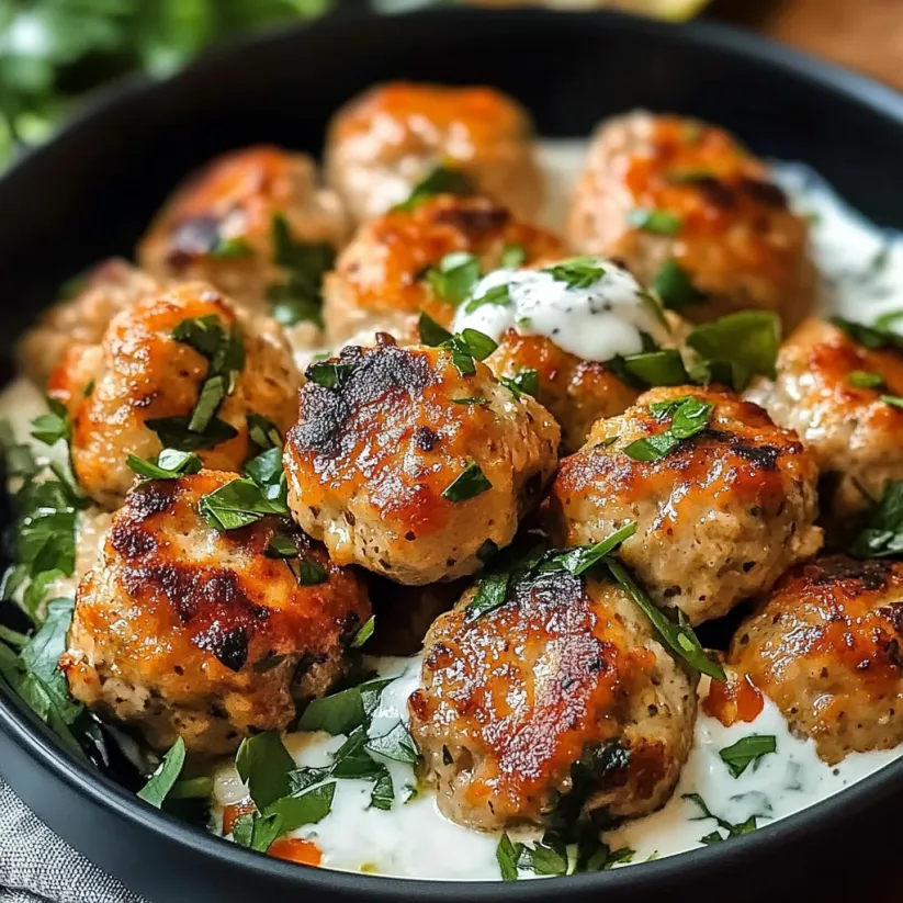 Eine Schale mit Bällchen, dazu Soße und frische Kräuter.