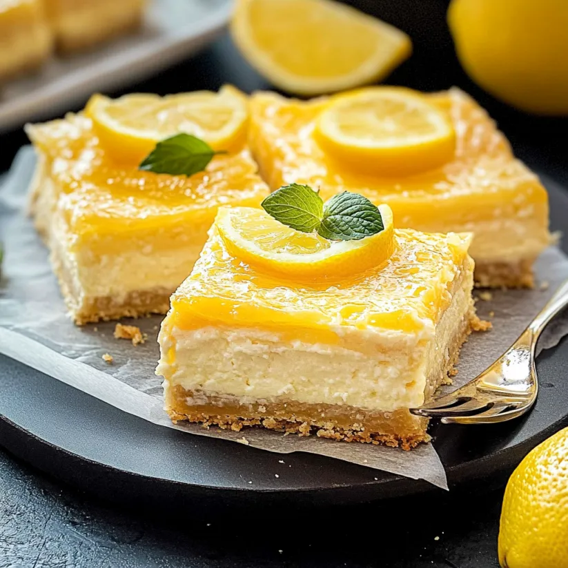 Ein Stück Zitronen-Käsekuchen-Schnitte mit Zitronenscheibe obendrauf.