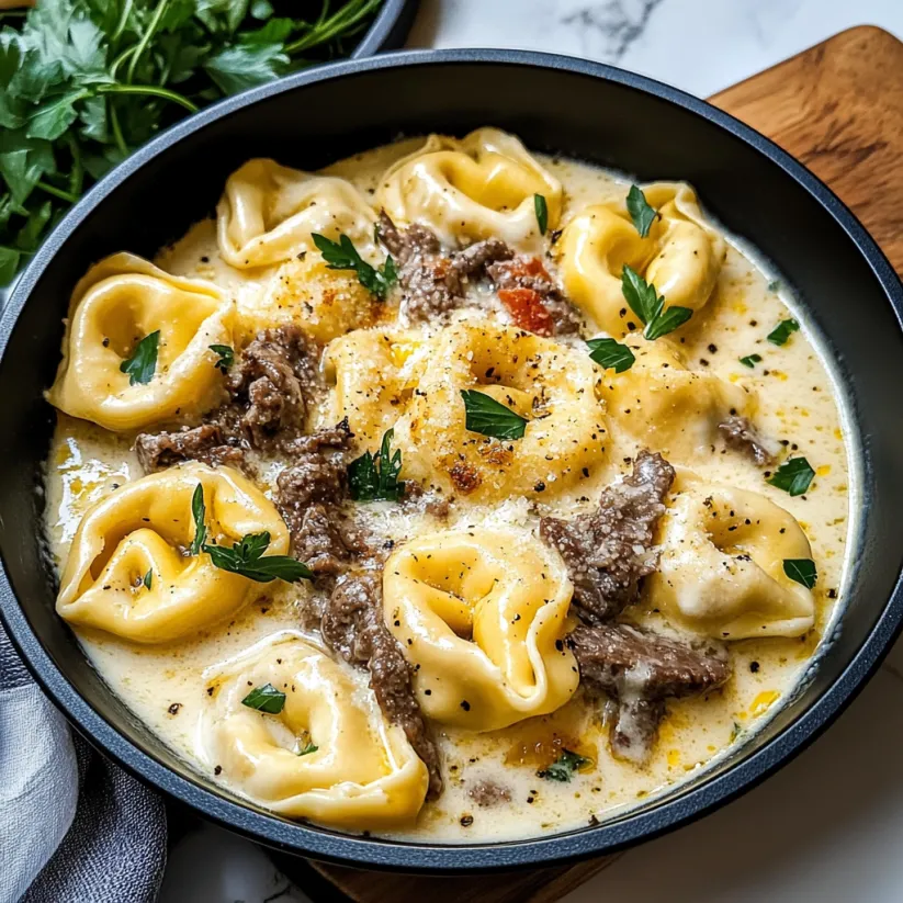 Eine Schüssel Cheesesteak-Tortellini in cremiger Provolone-Sauce.