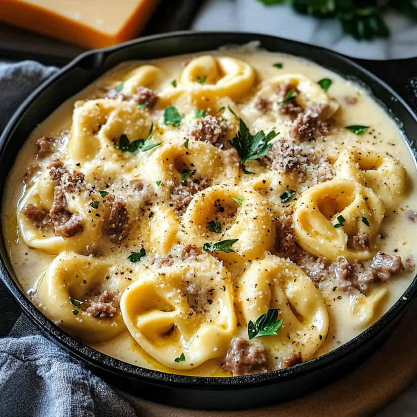 Cheesesteak-Tortellini in cremiger Provolone-Soße serviert.