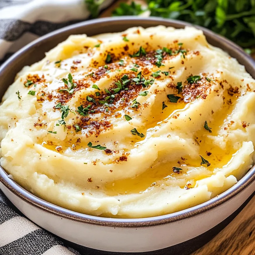 Ein Teller Kartoffelpüree mit gebräunter Butter oben drauf.