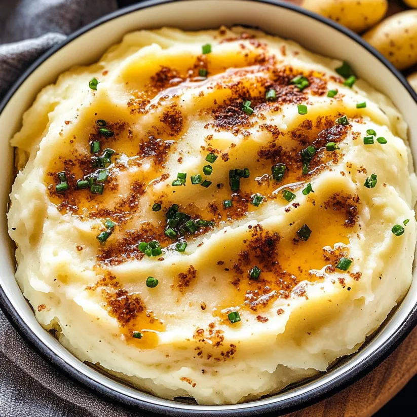 Eine Schüssel Kartoffelpüree mit grünen Kräutern oben drauf.