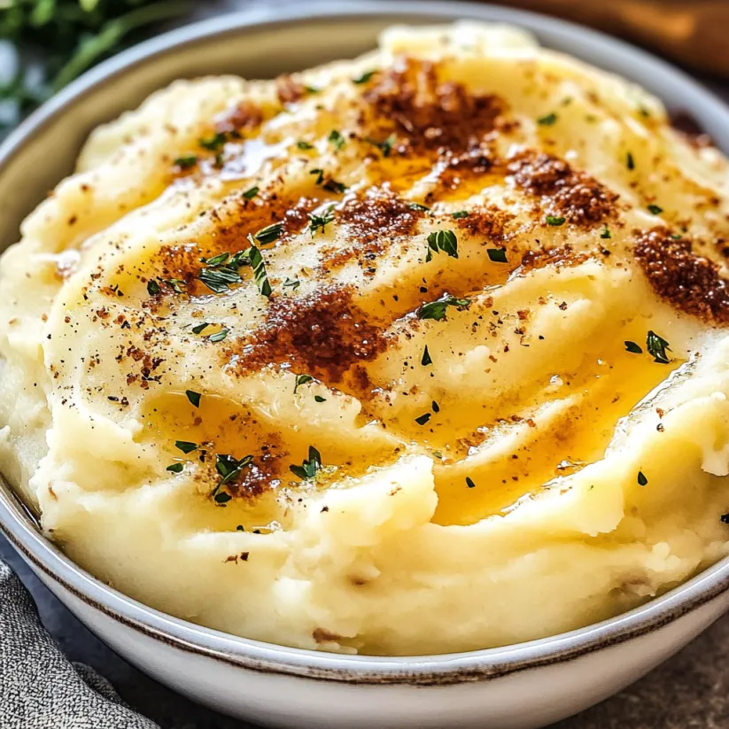 Eine Schale luftiger Kartoffelbrei mit brauner Butter garniert.