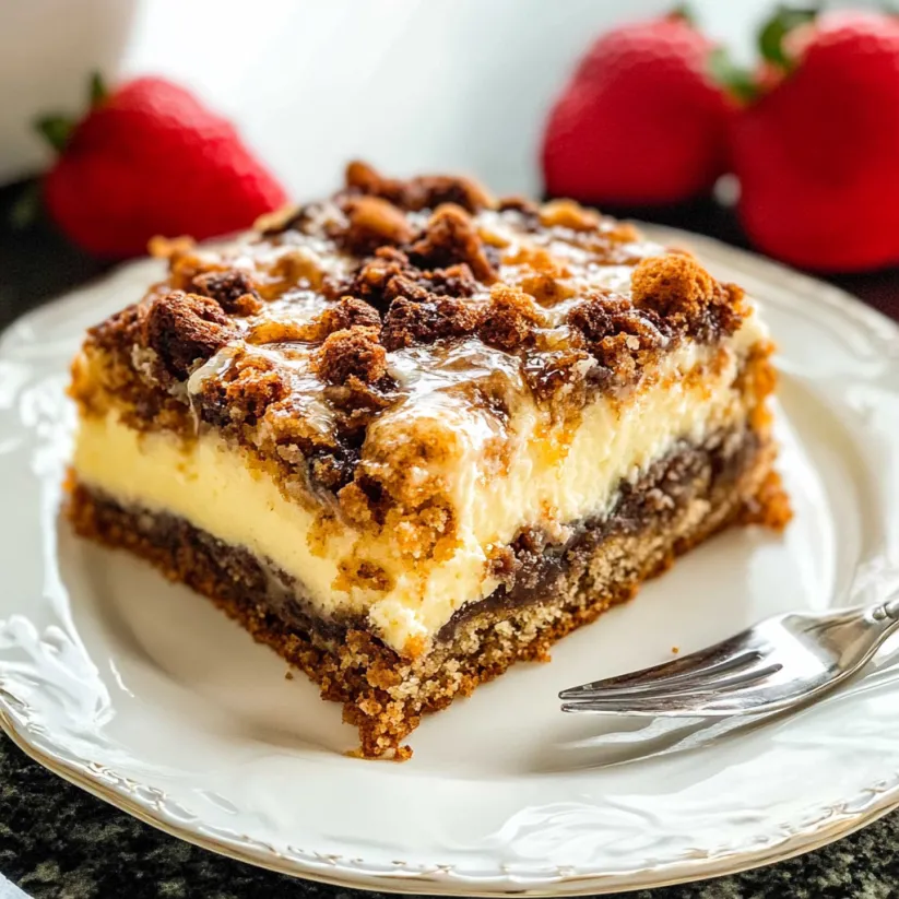Ein Stück Schmandkuchen mit Streusel auf einem Teller.