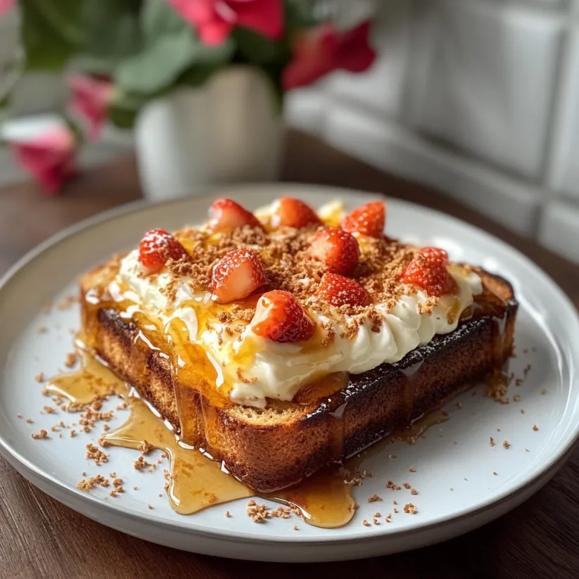 Ein Teller Toast mit Erdbeeren und Sahne.