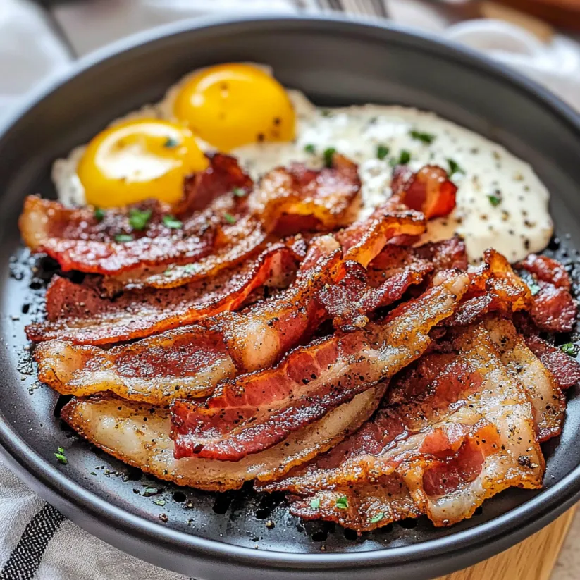 Ein Teller Bacon mit Spiegelei obendrauf.