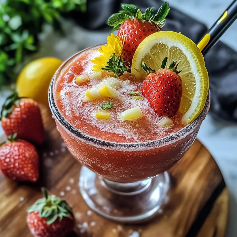 Ein Glas gefrorene Erdbeer-Limo, getoppt mit Zitrone und Erdbeere.