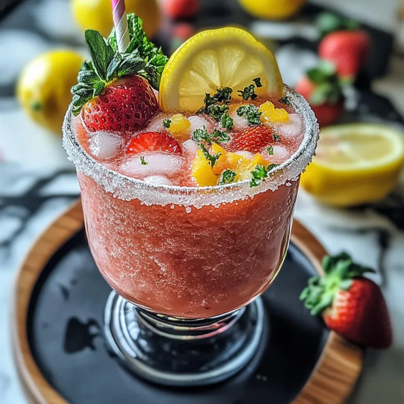 Eiskaltes Erdbeergetränk im Glas, gekrönt von Zitronenschnitz.