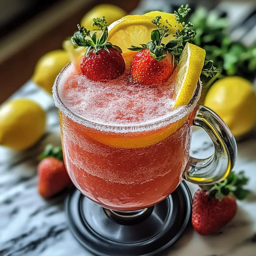 Eiskaltes Erdbeer-Zitronen-Getränk im Glas, oben drauf Zitronenscheiben.