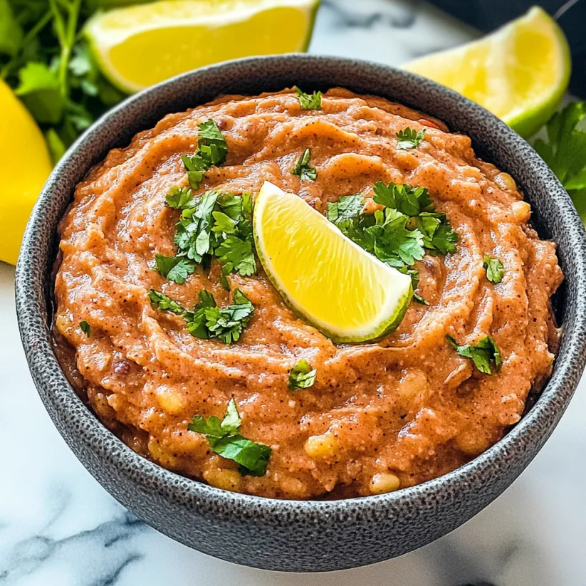 Eine Schale Bohnenpüree mit Limetten obendrauf.