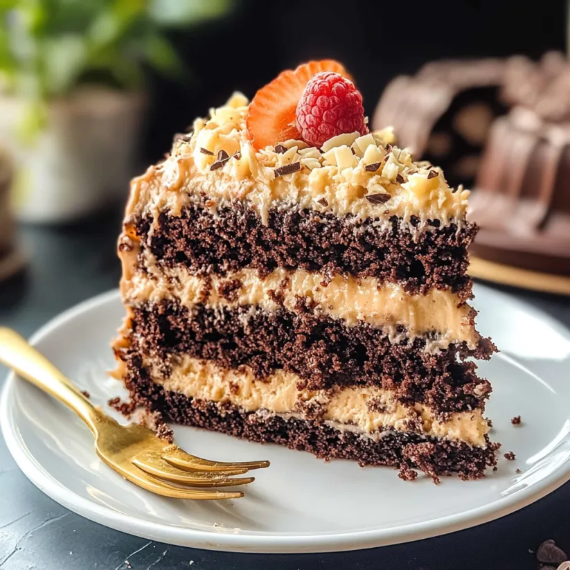 Ein Stück German Chocolate Cake mit einer Erdbeere obendrauf.