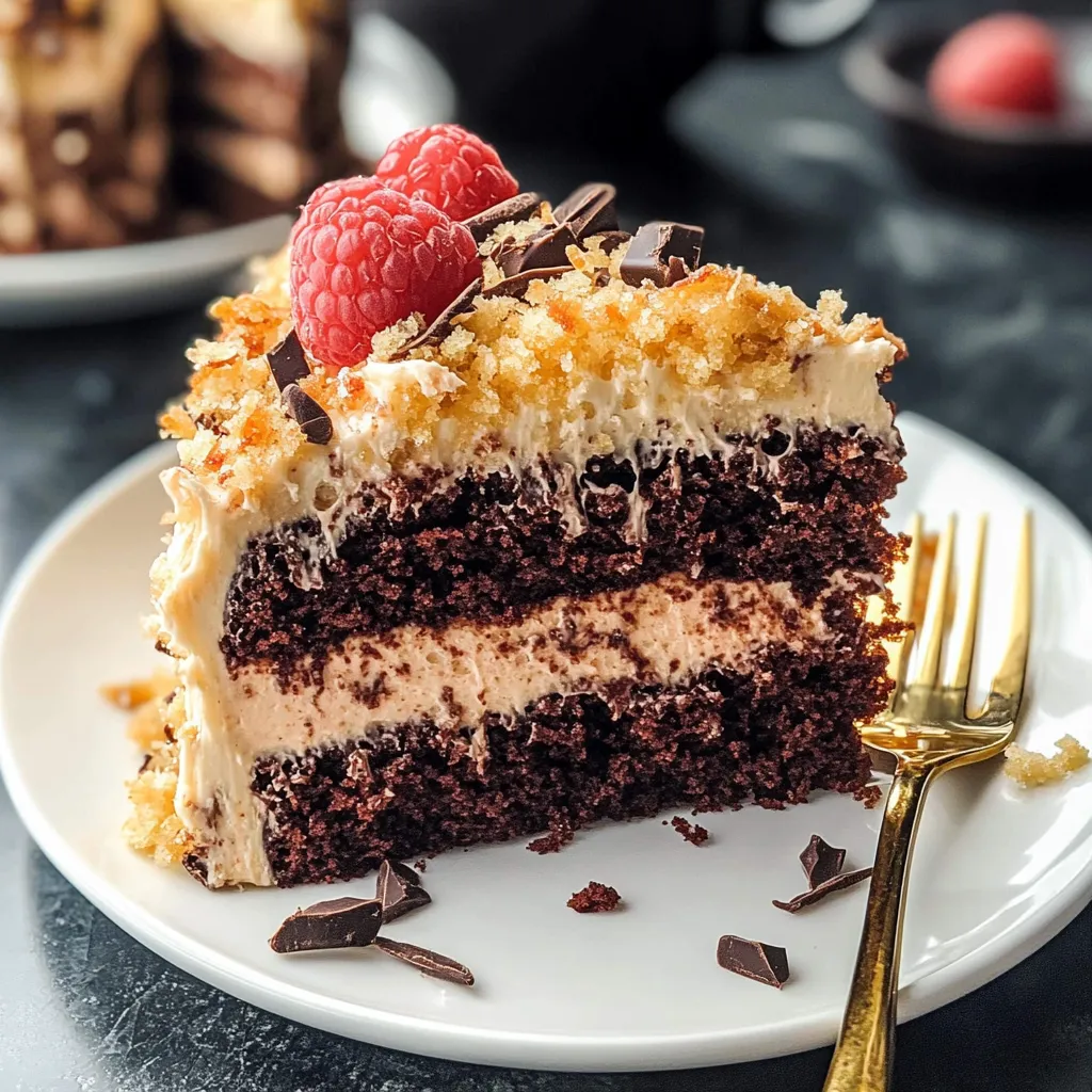 Ein Stück German Chocolate Cake mit Himbeeren obendrauf.
