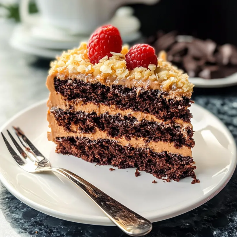Ein Stück deutscher Schokotorte mit Erdbeeren obendrauf.