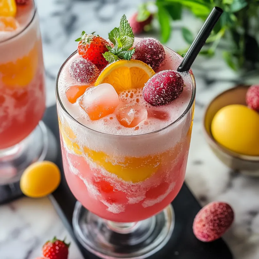 Ein Glas pinkfarbener Oster-Mocktail.