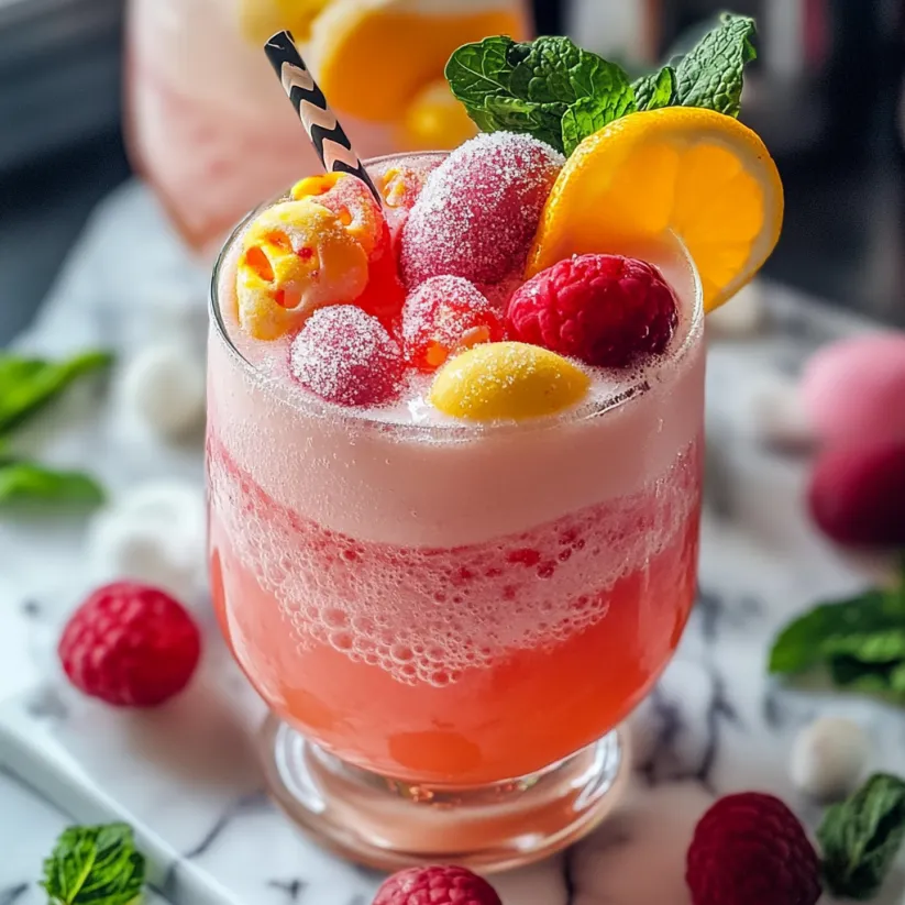 Ein pinkfarbener Drink mit Früchten und Minze.