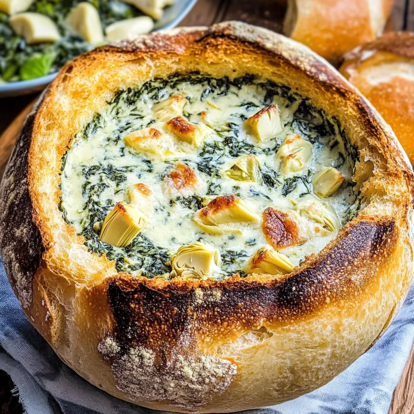 Ein knuspriger Brotleib mit cremigem Spinat-Artischocken-Dip.
