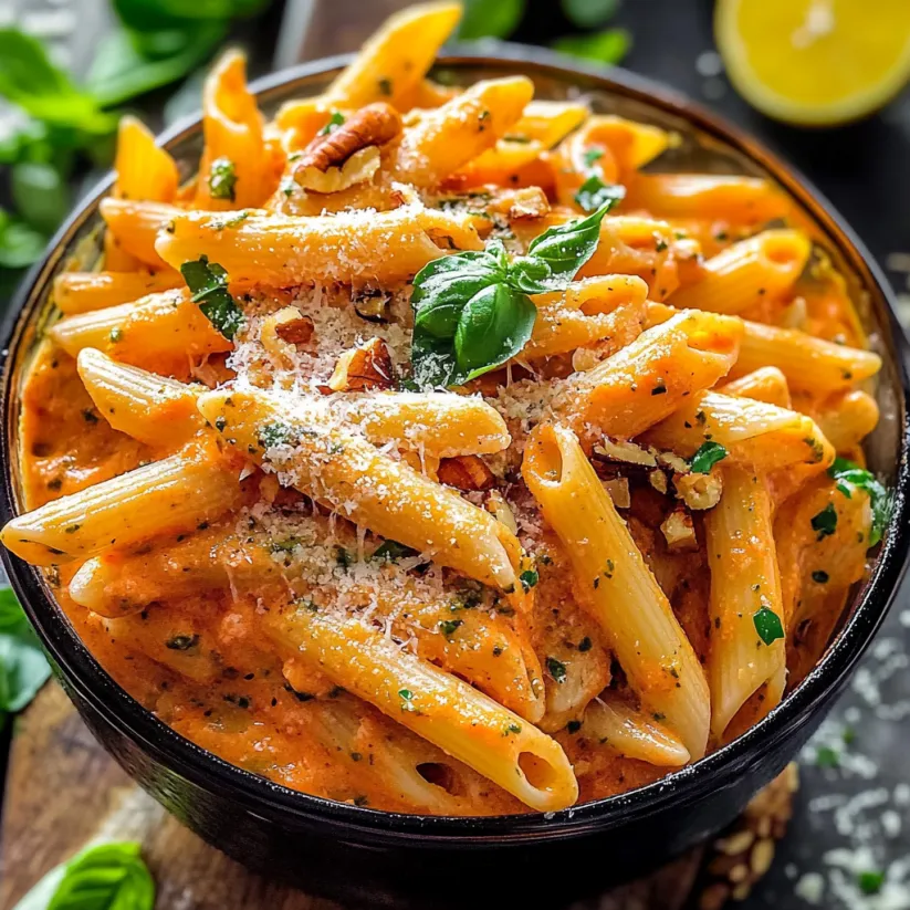Eine Schüssel Nudeln mit roter Sauce.