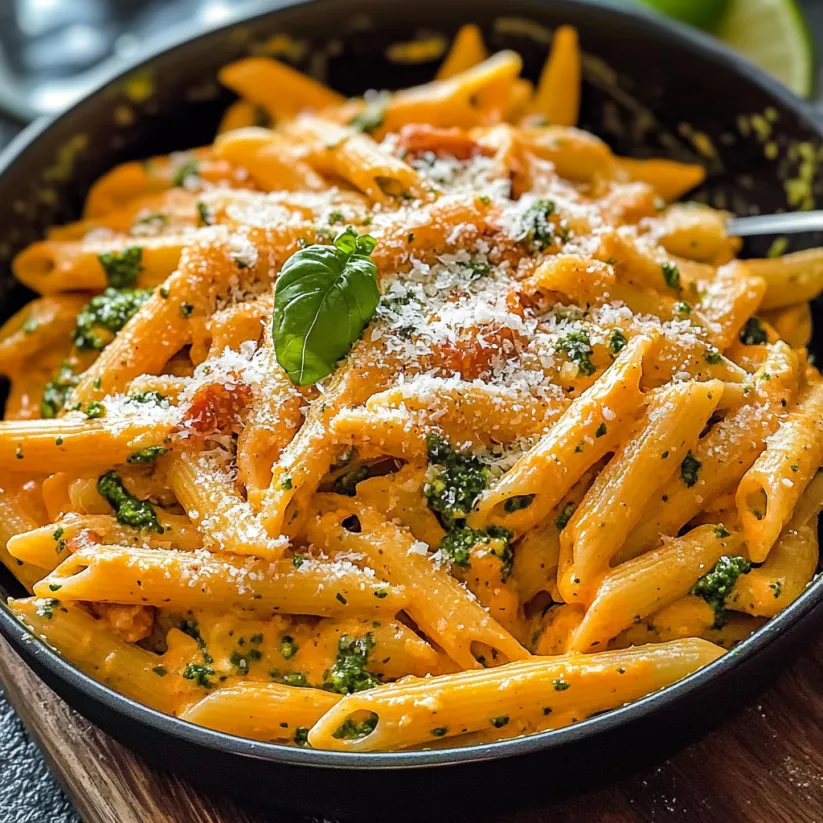 Eine Schüssel Pasta mit Käse und Sauce.
