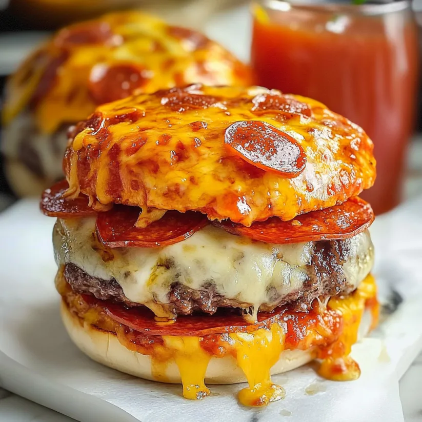 Ein Pizza-Burger mit Käse und Peperoni.