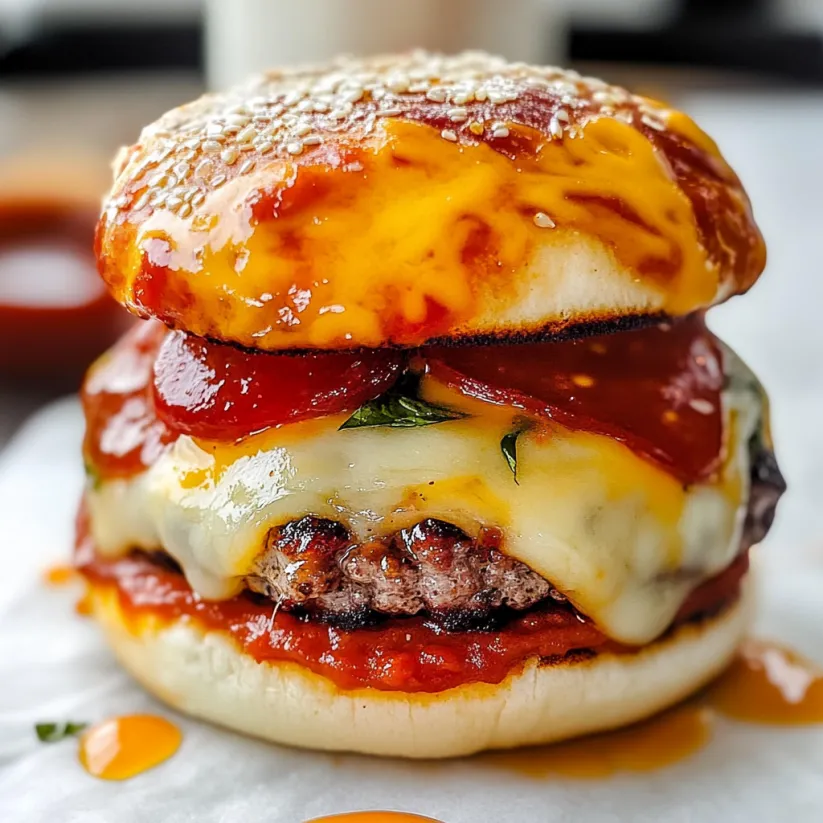Ein Burger mit Käse, Tomatensoße und Salat.