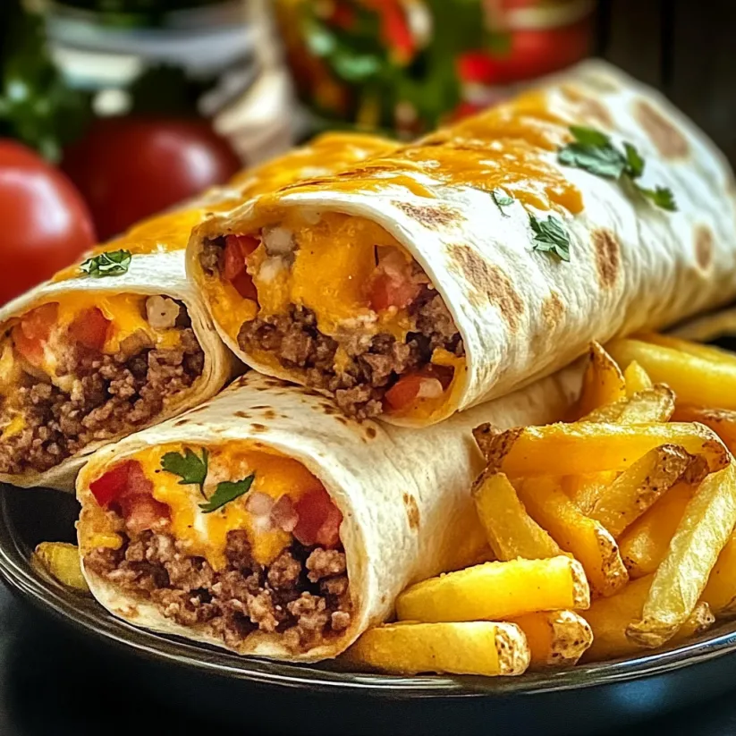 Ein Teller mit käsigen Beef-Burritos und Pommes.