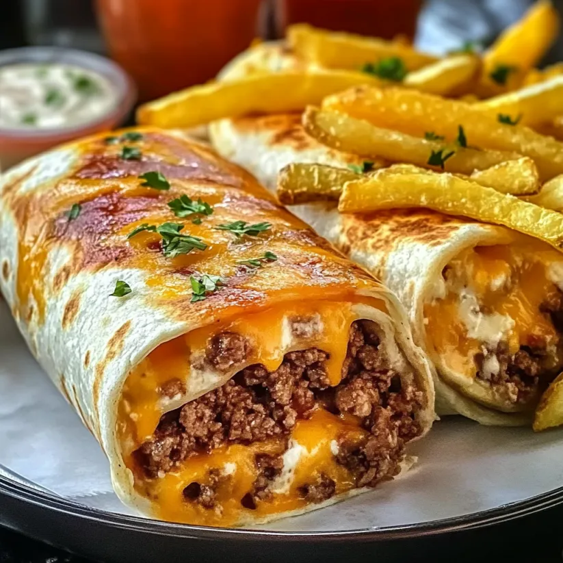 Ein Teller mit käsigen Beef-Burritos und Pommes.