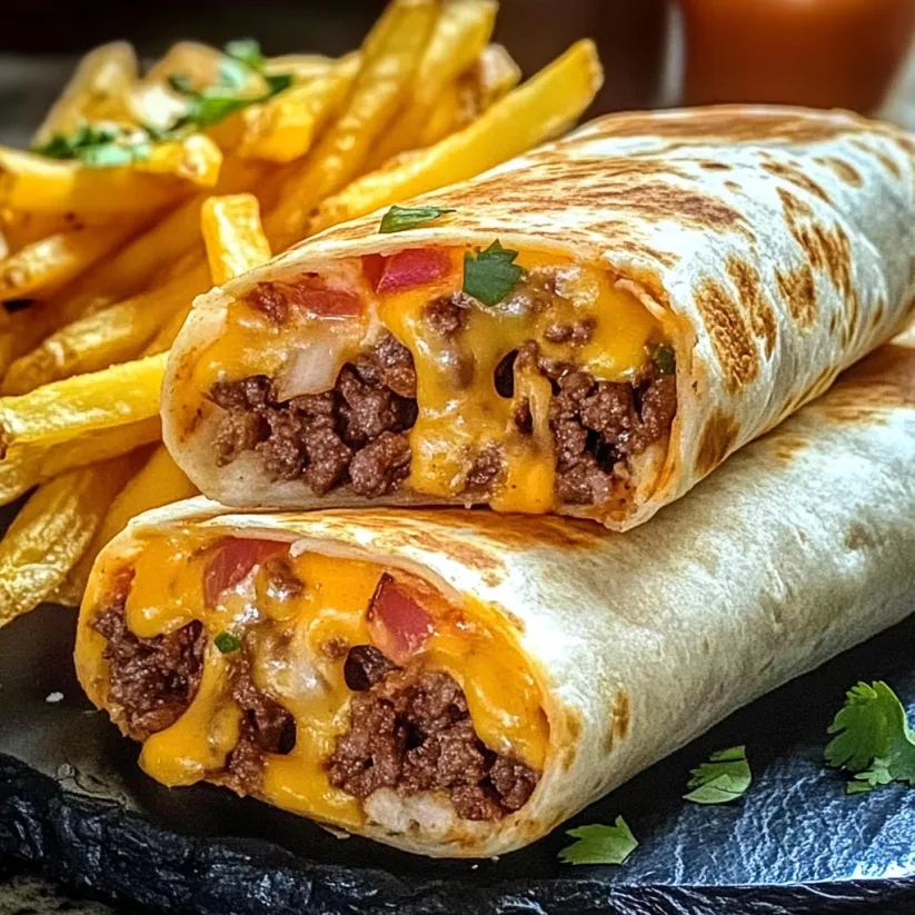 Ein käsiger Rind-Burrito und Pommes.