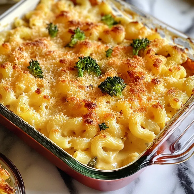Eine Portion Mac and Cheese mit Brokkoli obendrauf.