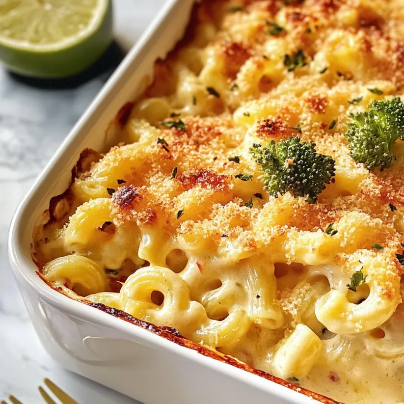 Eine weiße Schüssel voll mit leckerem Mac and Cheese.