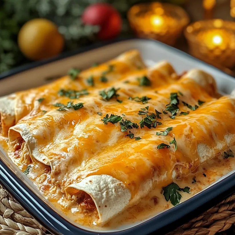 Ein Teller voll käsiger Hähnchen-Enchiladas mit sämiger Sauce.