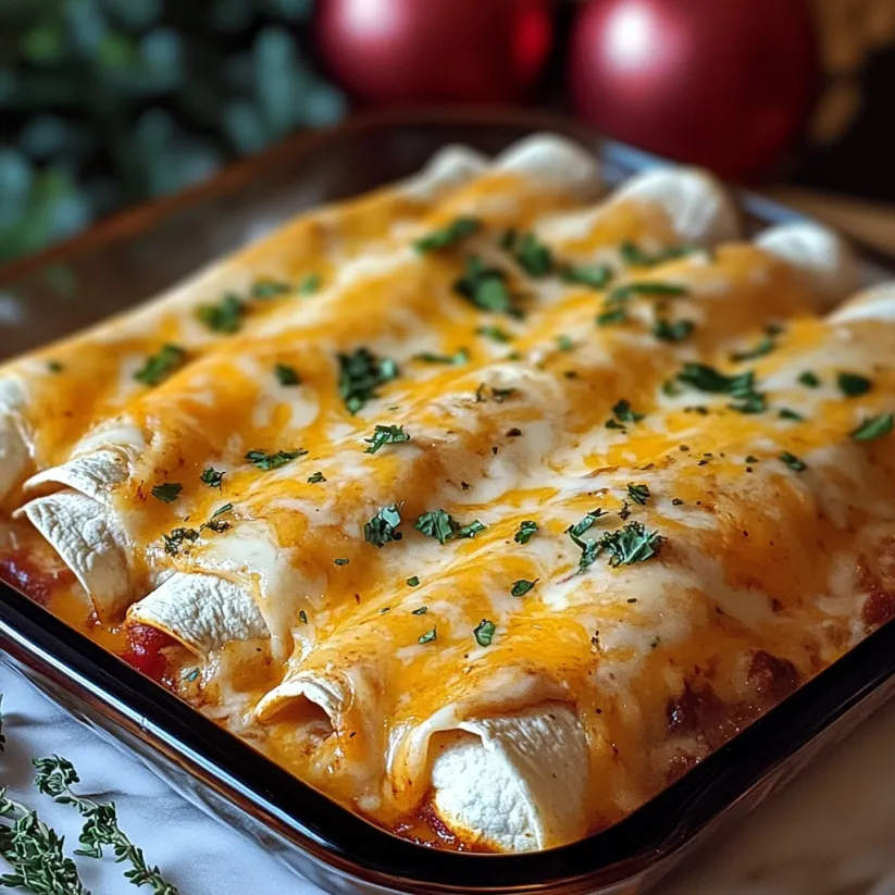 Eine Auflaufform voller cremiger Enchiladas mit viel Käse.