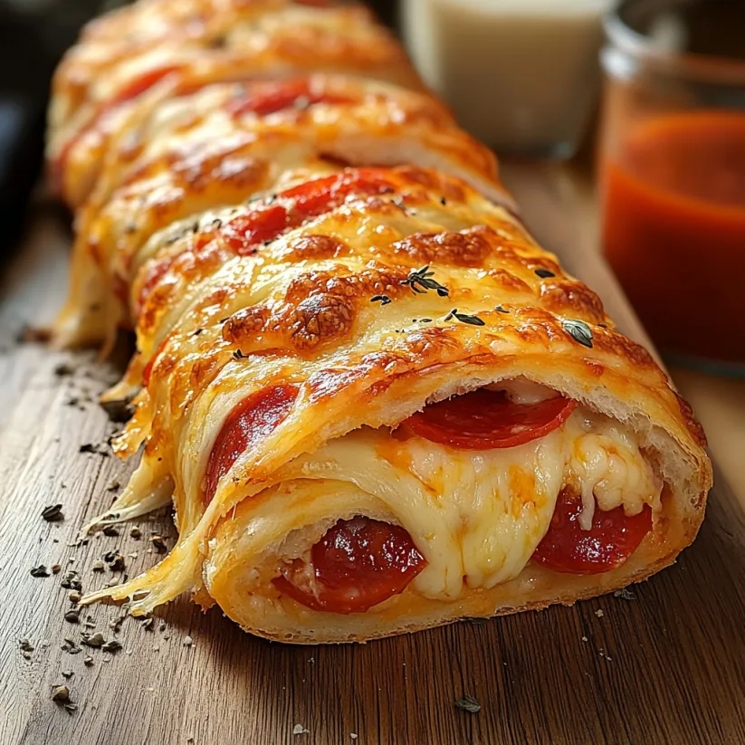 Ein Pepperoni-Stromboli auf einem Holztisch.