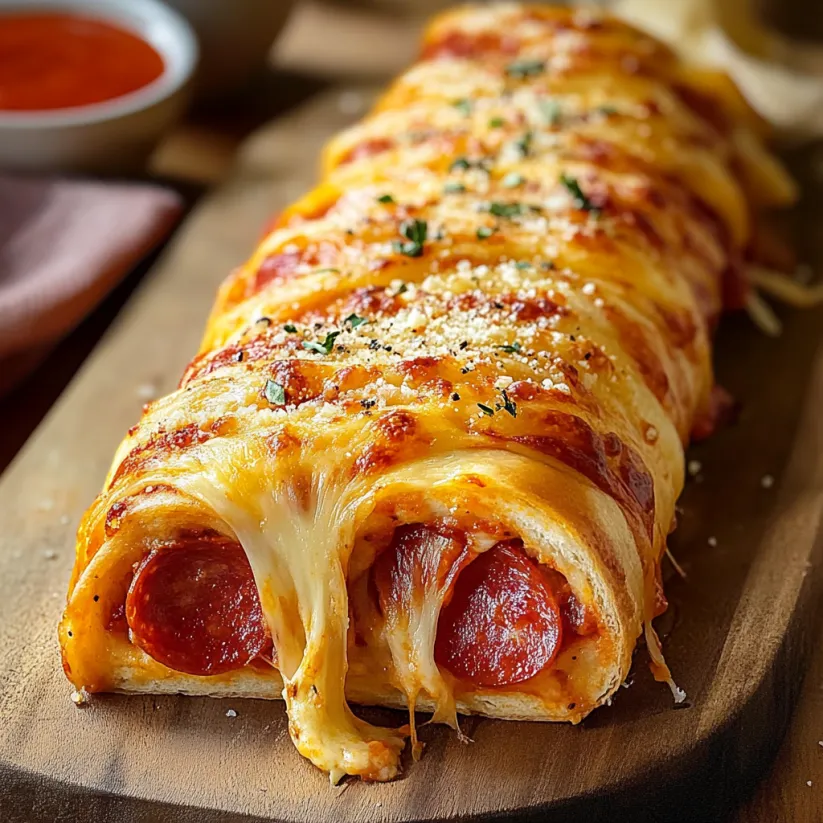 Ein Pepperoni-Stromboli auf einem Holzbrett.