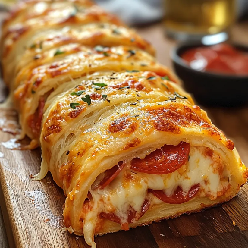 Ein käsiger Pepperoni Stromboli auf einem Holzbrett.