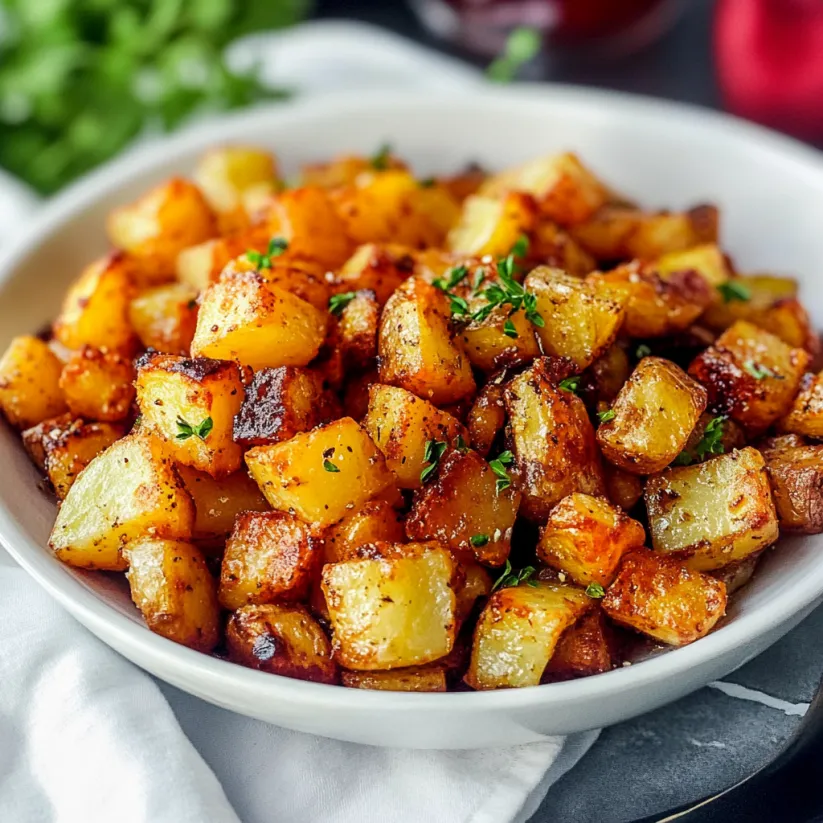Eine Schale voll knuspriger Heißluftfritteusen-Frühstückskartoffeln.