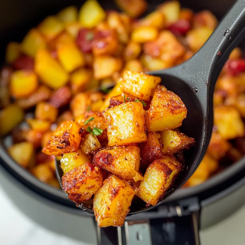 Ein Löffel voller knuspriger Frühstückskartoffeln aus der Heißluftfritteuse.