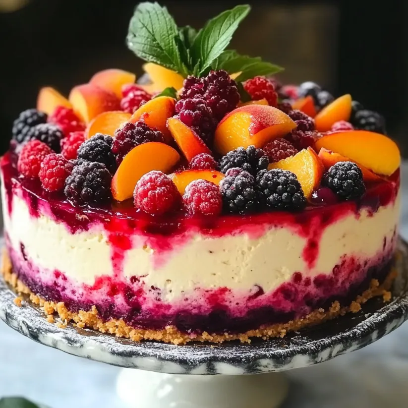 Ein Stück sommerlicher Käsekuchen ohne Backen mit Beeren und Pfirsich.