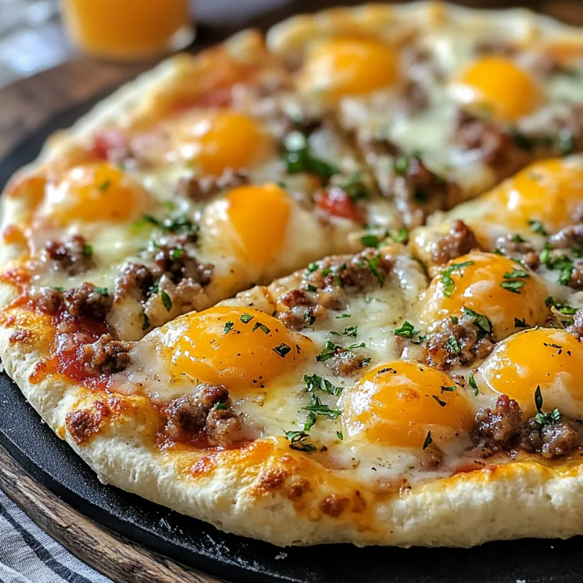 Pizza mit Ei und Wurst als Topping.