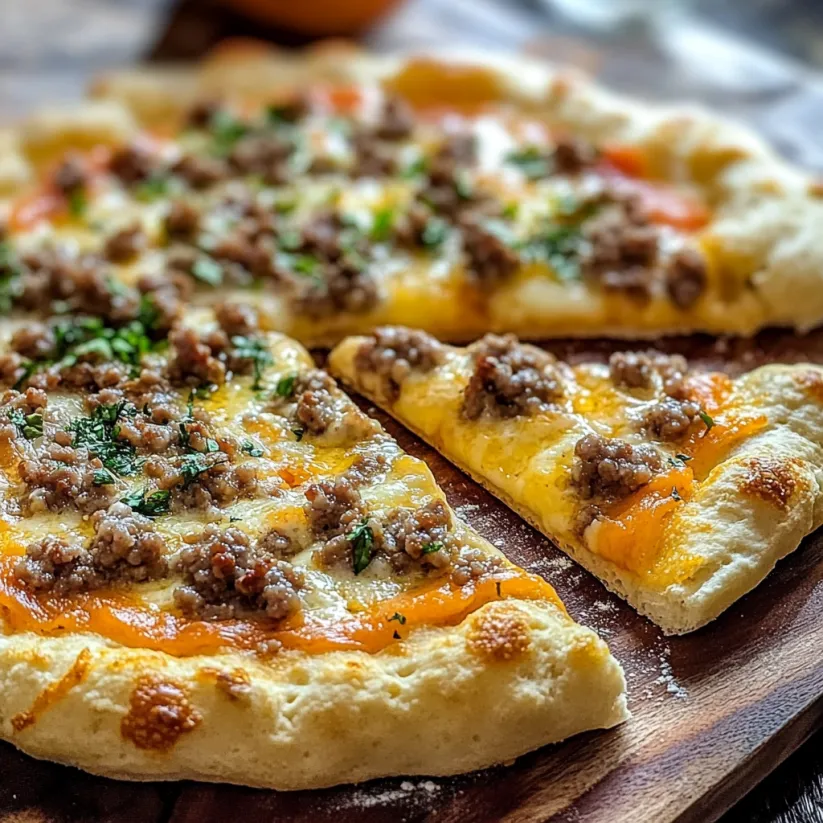 Eine Pizza mit Wurst und geschmolzenem Käse auf einem Holztisch.