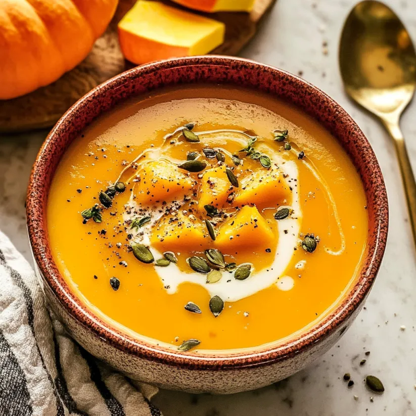 Eine Schüssel Suppe mit Löffel.