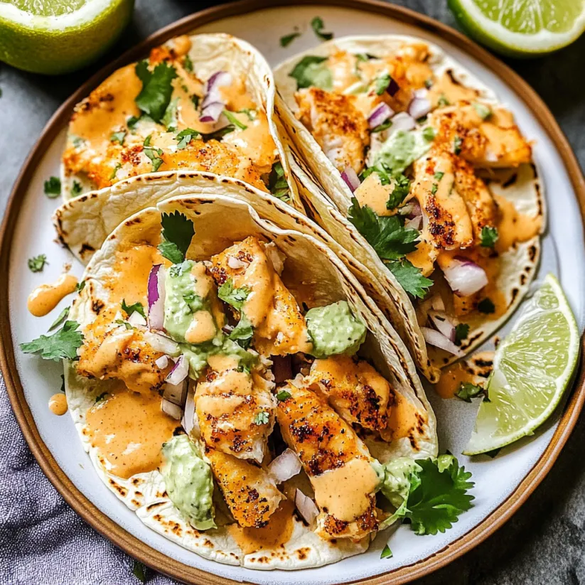 Zwei Fischtacos mit Soße auf dem Teller.