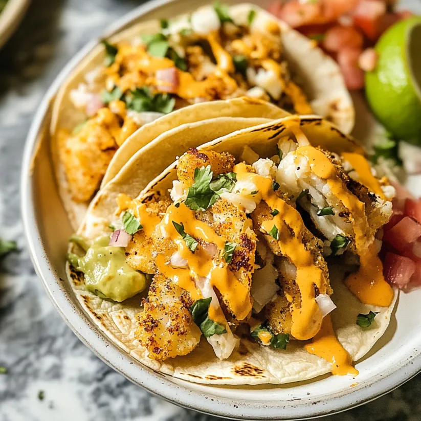 Ein Teller Fischtacos mit Ananas-Beilage.