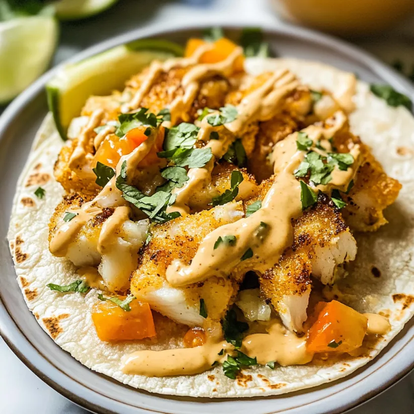 Ein Teller Fisch Tacos mit Limettenspalten an der Seite.
