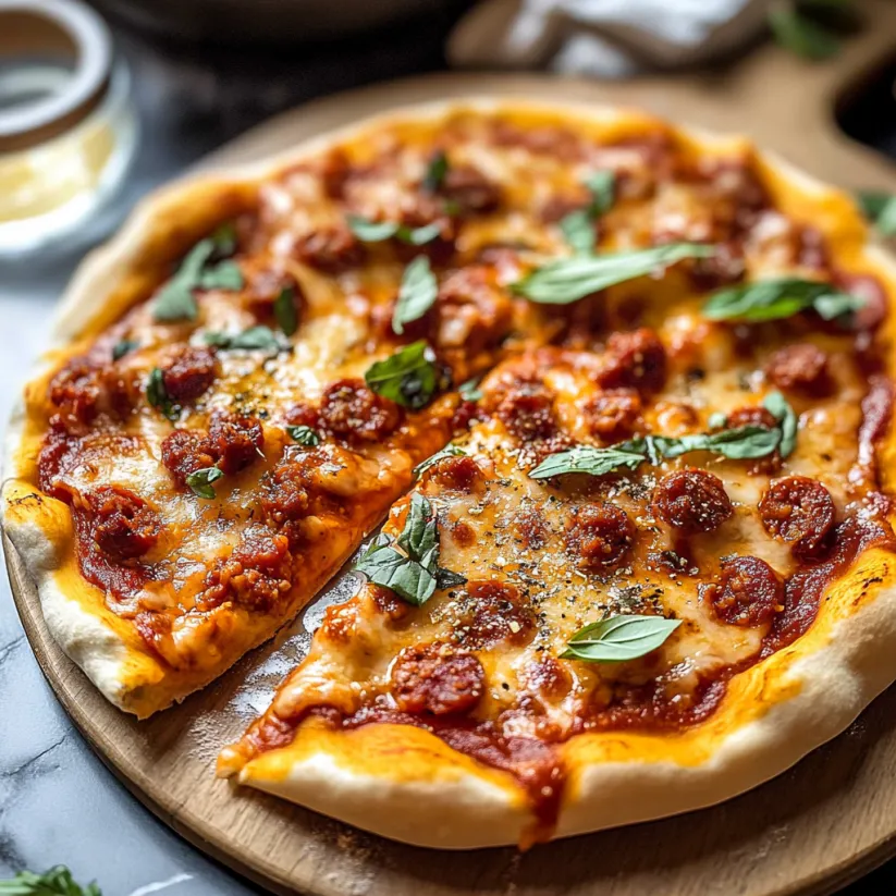 Ein Stück würzige Chorizo Pizza.